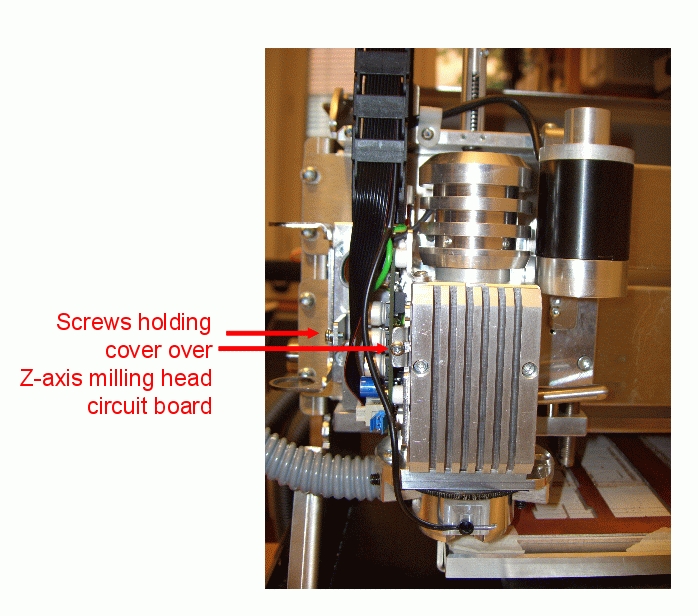 View of milling head, showing location
  of the screws that hold the cover on the small circuit board