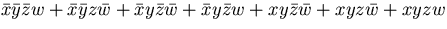$\bar x\bar yu \bar z w + \bar x \bar y z \bar w + \bar xy\bar z\bar w+\bar xy\bar zw+xy\bar z \bar w + xyz\bar w+xyzw$