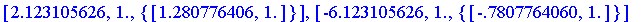 [2.123105626, 1., {vector([1.280776406, 1.])}], [-6...