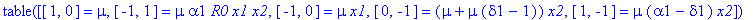 trans := TABLE([[1, 0] = mu, [-1, 1] = mu*alpha1*R0...