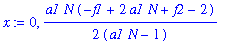 x := 0, 1/2*a1*N*(-f1+2*a1*N+f2-2)/(a1*N-1)