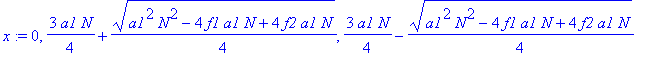 x := 0, 3/4*a1*N+1/4*(a1^2*N^2-4*f1*a1*N+4*f2*a1*N)^(1/2), 3/4*a1*N-1/4*(a1^2*N^2-4*f1*a1*N+4*f2*a1*N)^(1/2)