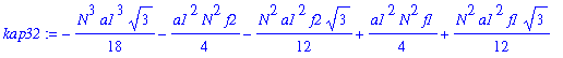 kap32 := -1/18*N^3*a1^3*3^(1/2)-1/4*a1^2*N^2*f2-1/12*N^2*a1^2*f2*3^(1/2)+1/4*a1^2*N^2*f1+1/12*N^2*a1^2*f1*3^(1/2)