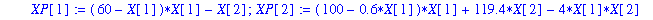 G := proc (N, t, X, XP) XP[1] := (60-X[1])*X[1]-X[2]; XP[2] := (100-.6*X[1])*X[1]+119.4*X[2]-4*X[1]*X[2] end proc