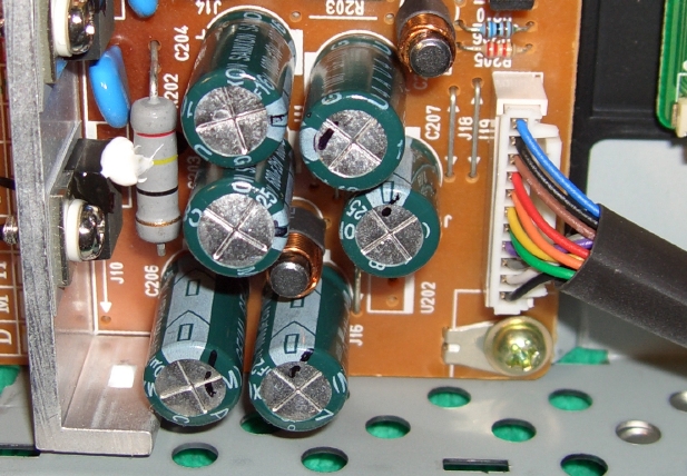 closeup of view of capacitors of the DC converter