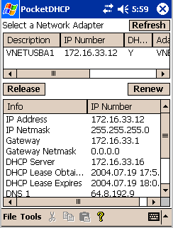output from PocketDHCP showing assigned IP address, name server, lease time, etc.