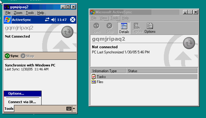 Here the
ActiveSync Tools Options are selected on the PDA